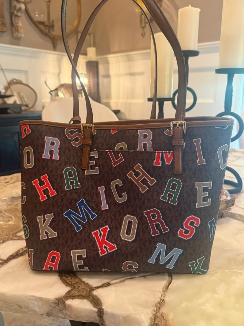 Michael Kors Jet Set Travel Tote Brown Logo Varsity Letter Print Bag NWOT - Picture 4 of 11